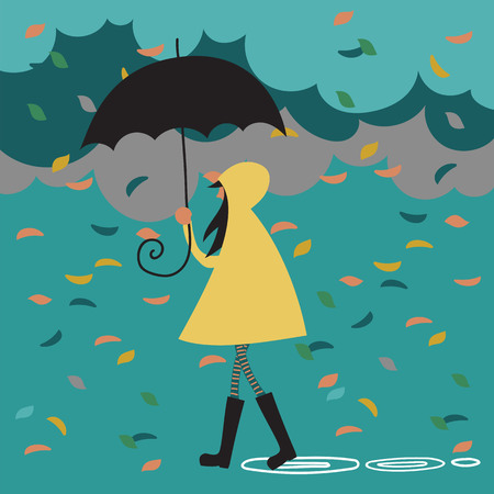 girl in nature under an umbrella. autumn leaf fallのイラスト素材