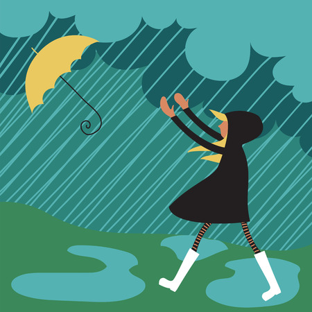 the girl runs after an umbrella in rainy weatherのイラスト素材