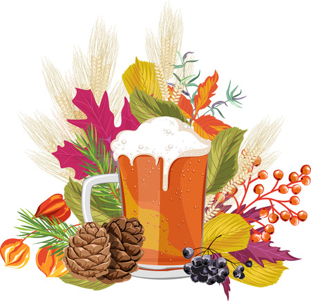 beer mug with autumn leaves, berries and earsのイラスト素材