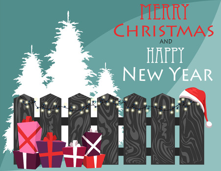Christmas landscape with colored gifts on the background of the fence and garlandのイラスト素材