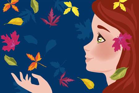 A girl collects autumn leavesのイラスト素材
