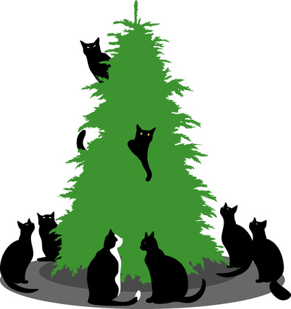 black cats sit around the Christmas tree and climb on itのイラスト素材