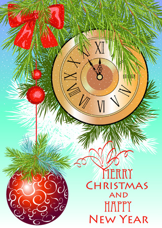Christmas composition with a clock. Christmas decorations on fir branchesのイラスト素材