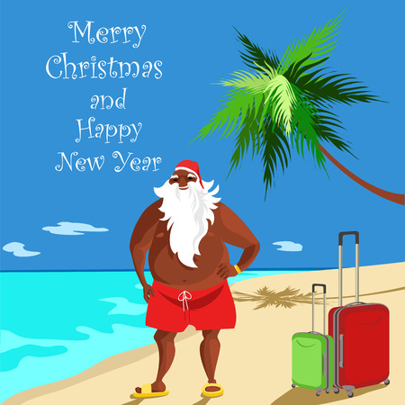 Santa African American. Santa Claus on the beachのイラスト素材
