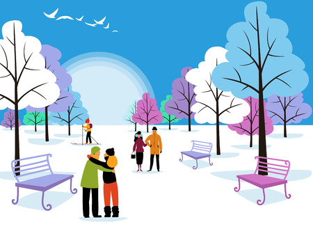 people walk in the winter Park. Sunny winter landscapeのイラスト素材
