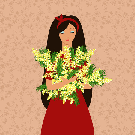 girl with a bouquet of flowers. girl holding a bouquet of Mimosaのイラスト素材