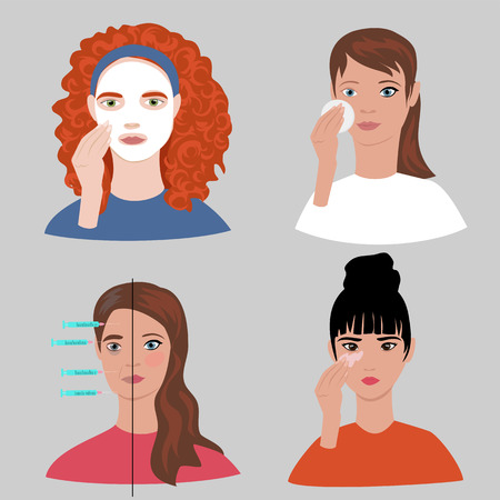 skin care. set of vector images with the faces of girls caring for the faceのイラスト素材