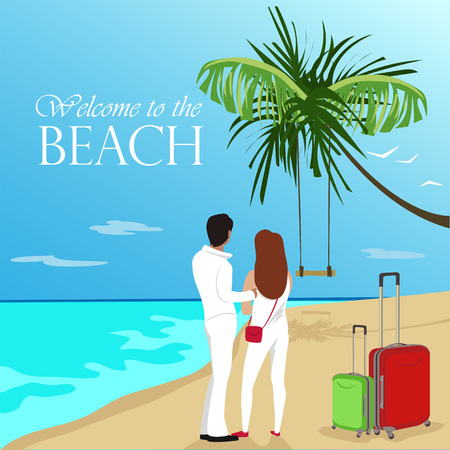 young couple on the beach. welcome to the beachのイラスト素材