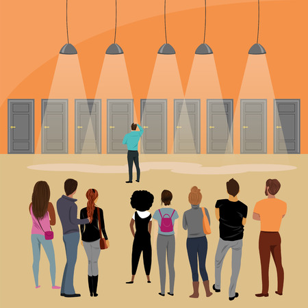 a crowd of people standing in front of the door. people make choicesのイラスト素材