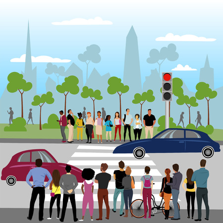 a crowd of people standing at a traffic light. vector landscape of the city on the backgroundのイラスト素材