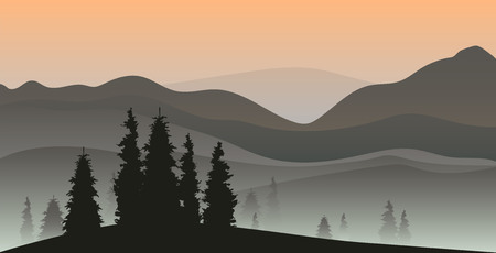 mountain landscape. vector landscape with mountains and trees. fog in the mountainsのイラスト素材