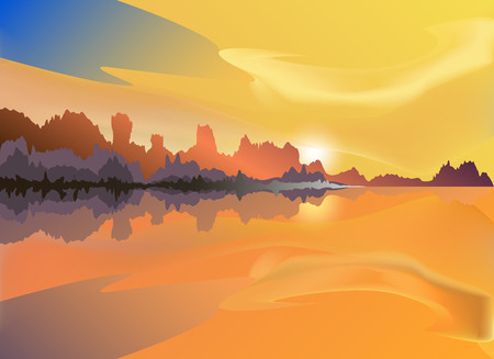 sunset landscape on the river. vector image of nature. sunset on the riverのイラスト素材