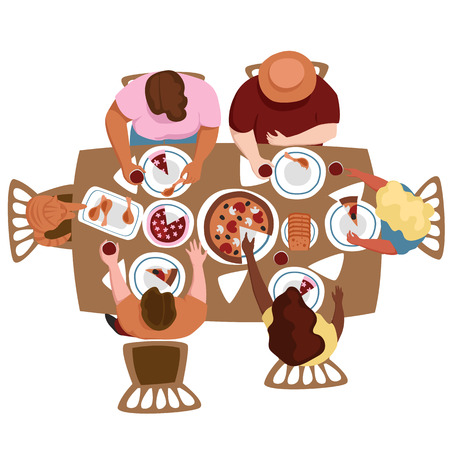 people eat at the table. the view from the top. fun party. vector image of peopleのイラスト素材