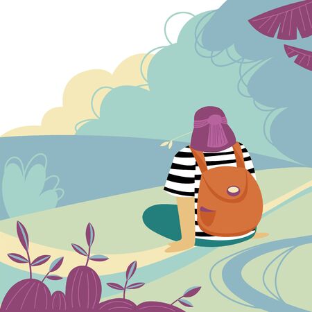 girl tourist. woman resting in nature. Hiking in nature. country landscapeのイラスト素材