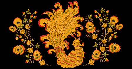 Khokhloma. Russian folk ornament. Phoenix bird in gold and flower patternsのイラスト素材
