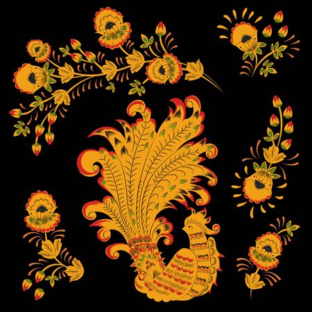 Russian folk ornament Khokhloma. Phoenix bird in gold and flower patterns. a set of vectorsのイラスト素材