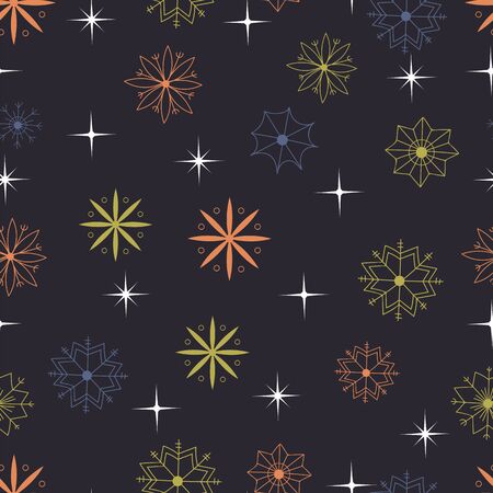 colored snowflakes and stars on a dark background. Christmas seamless patternのイラスト素材