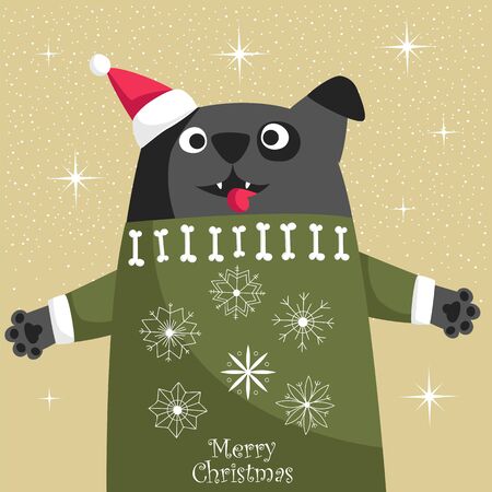 Christmas card with a dog. a dog in a Santa hat and a knitted sweater. vector illustrationのイラスト素材