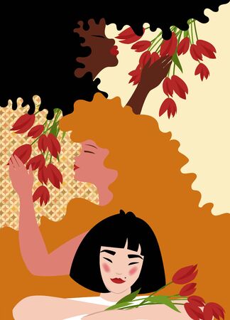 congratulations on March 8. vector image of women of different races with flowersのイラスト素材