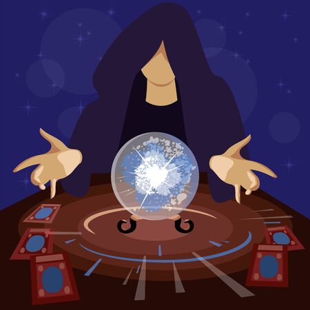 sorcerer. a man is guessing on a glass ball. magic predictions. occult session. vector imageのイラスト素材