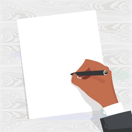 the hand writes. blank form. a person writes a letter. hand on the table. wooden backgroundのイラスト素材