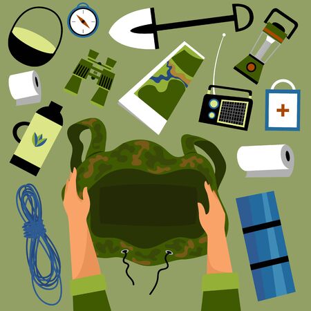 tourist ammunition. vector image of necessary things for a tourist. the person collecting the backpackのイラスト素材