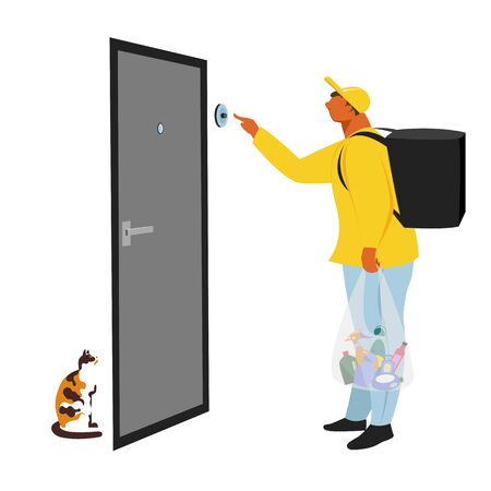 food delivery. vector illustration of a person delivering food and hygiene products to your homeのイラスト素材