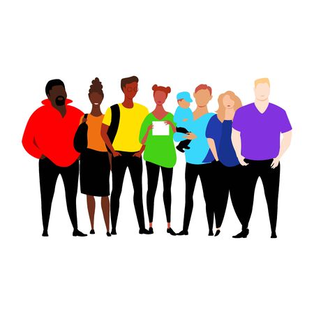 people of different races in colored clothing. wear the colors of the rainbow. vector illustrationのイラスト素材