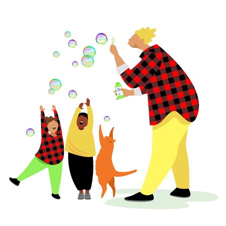 the man with the soap bubbles. a man blows soap bubbles. father plays with children and cat. vectorのイラスト素材