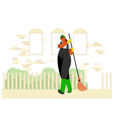 janitor. gardener. a woman sweeps the street. cleaning the yard. vector illustrationのイラスト素材