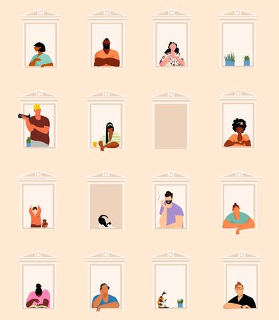 people in the Windows. people of different races. neighbors. stay at home. people and animalsのイラスト素材