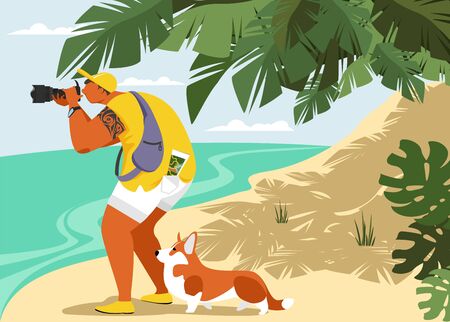 photographer. tourist. vector illustration of a man with a camera on the beach. a man with a dog on vacationのイラスト素材