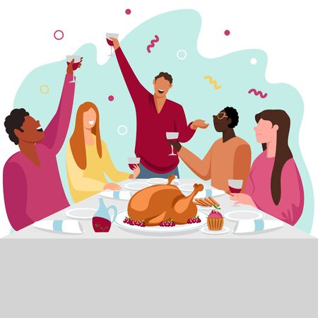 people are celebrating. people eat at the table. festive table. vector imageのイラスト素材