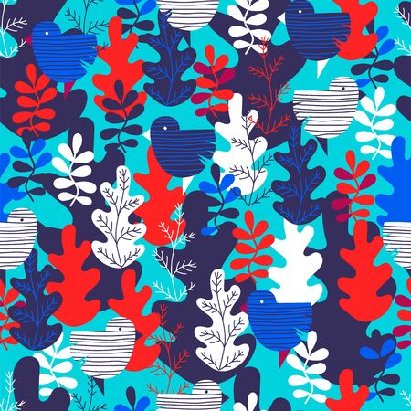 colored leaves. vector seamless pattern with colored leaves and birds. colored backgroundのイラスト素材