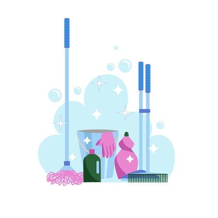 washing of floors. vector image of a set of cleaning products and devices for cleaning floorsのイラスト素材