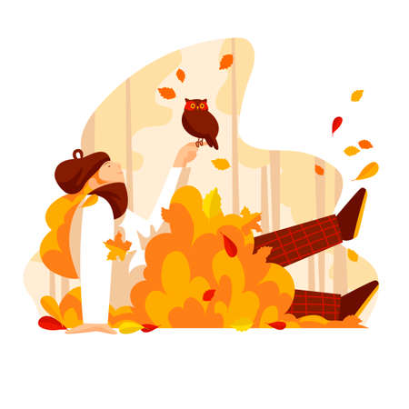 autumn woman. vector image of a girl in autumn foliage with an owlのイラスト素材