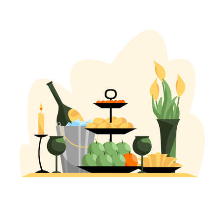 festive table. vector image of treats for the holiday. holiday food and flowersのイラスト素材