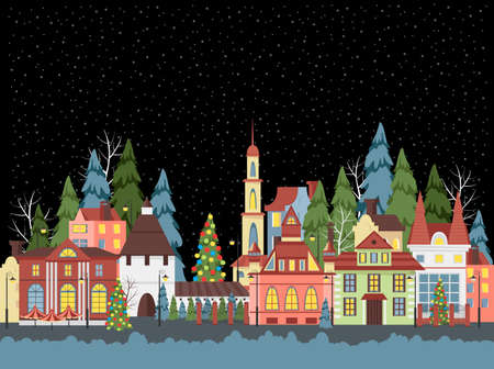 Christmas city. vector image of provincial houses. panorama of the festive cityのイラスト素材