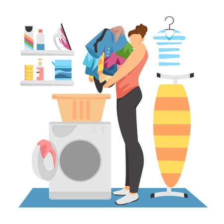 laundry service. vector image of a woman doing laundry in a laundry roomのイラスト素材