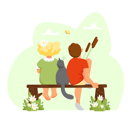 a boy and a girl. children with a cat. kids in nature. children rear view. vectorのイラスト素材