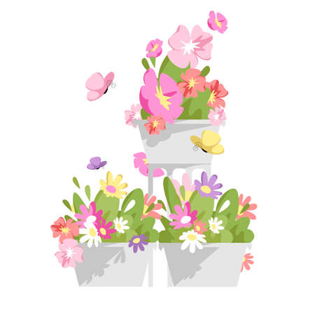potted flowers. vector illustration of a flower arrangement with butterfliesのイラスト素材
