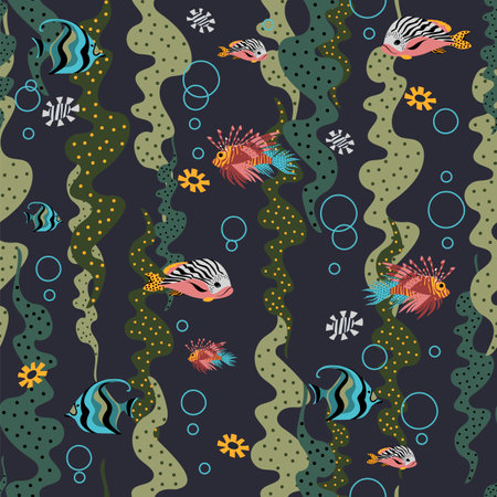 underwater world. seamless pattern. vector background with fish and algaeのイラスト素材