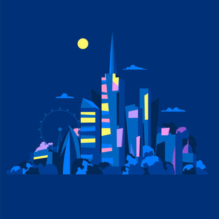 city. vector image. night view of the city. urban landscape. houses and skyscrapers. city parkのイラスト素材