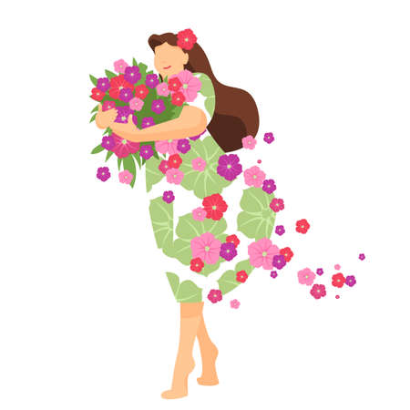 a girl with flowers. vector illustration of a woman in a dress with a floral ornamentのイラスト素材