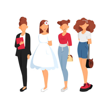 girls in different clothes. an isolated image of girls. vector set of illustrationsのイラスト素材
