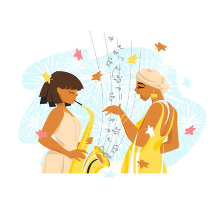 jazz. jazz band. a woman sings. the sound of a saxophone. vector illustrationのイラスト素材