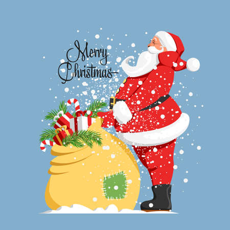 Merry Christmas. santa Claus with a bag of gifts. a vector image. congratulatory inscriptionのイラスト素材