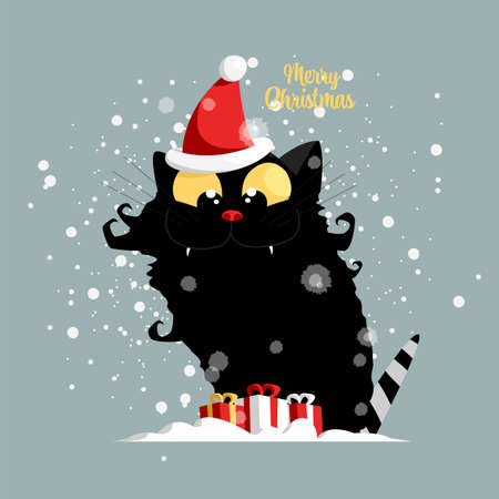 a Christmas cat. vector image of a domestic cat. a black kitten in a Santa hat. Merry christmasのイラスト素材