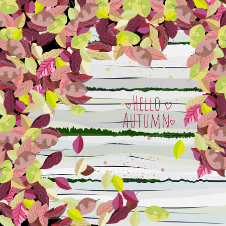 autumn background with old wooden boards and autumn leaves. a vector image. the inscription hello autumnのイラスト素材
