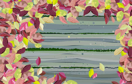 autumn wooden background with leaves. colored leaves. vector background. old boards. top viewのイラスト素材